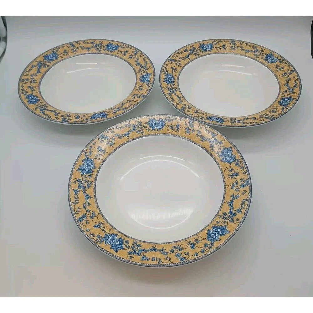 (3) AMERICAN ATELIER English Toile Rimmed Soup Bowls #5076 Porcelain Yellow Blue